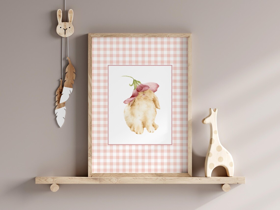 Gingham Bunny Watercolor Poster Pink Floral Nursery Cute Rabbit Art - Image 2