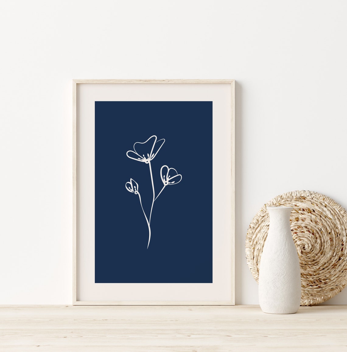 Navy Blue Botanical Poster White Three Bloom Sprig Line Art Design
