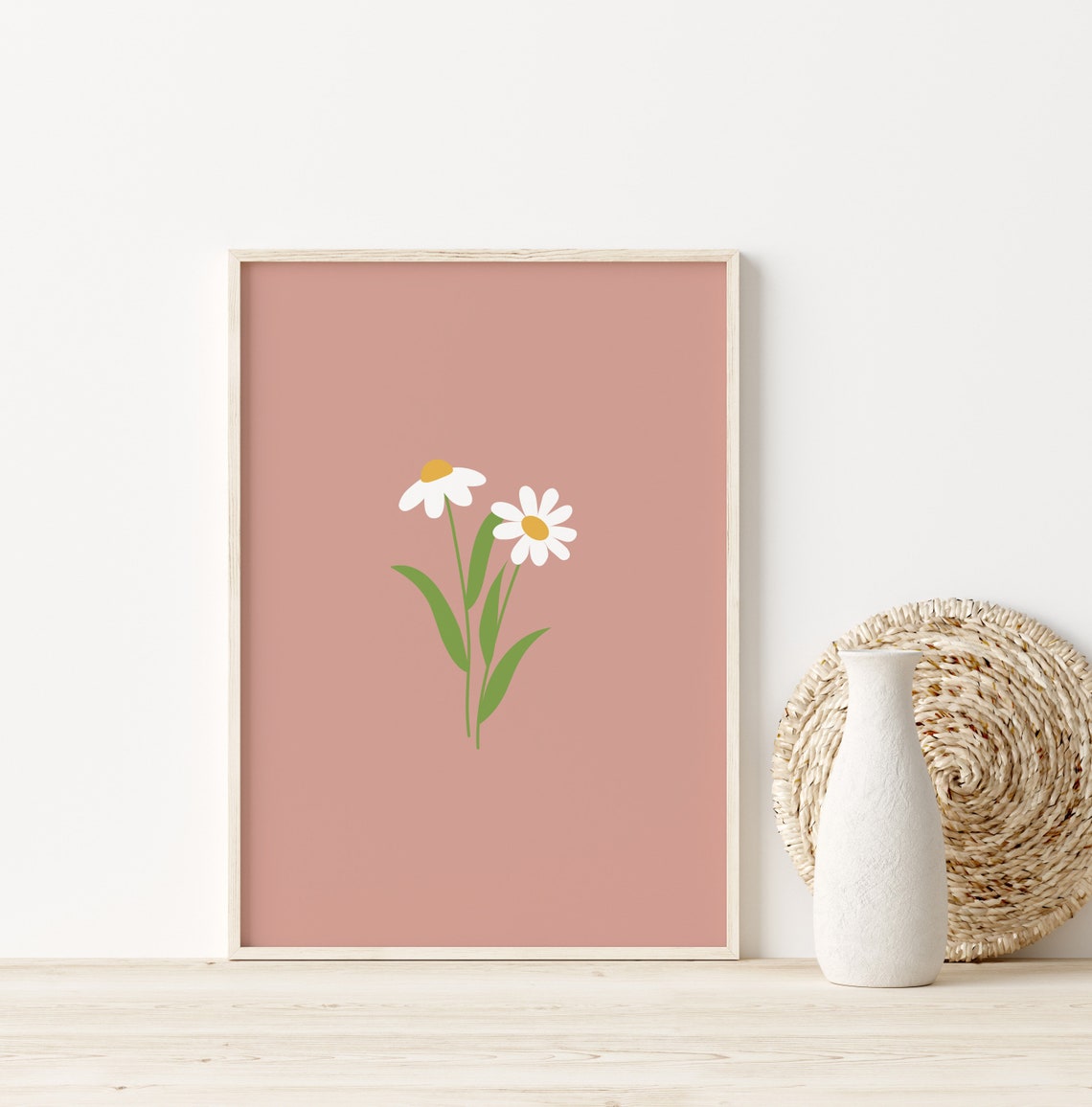 White Daisy Floral Dusty Pink Simple Flower Illustration Poster - Image 2