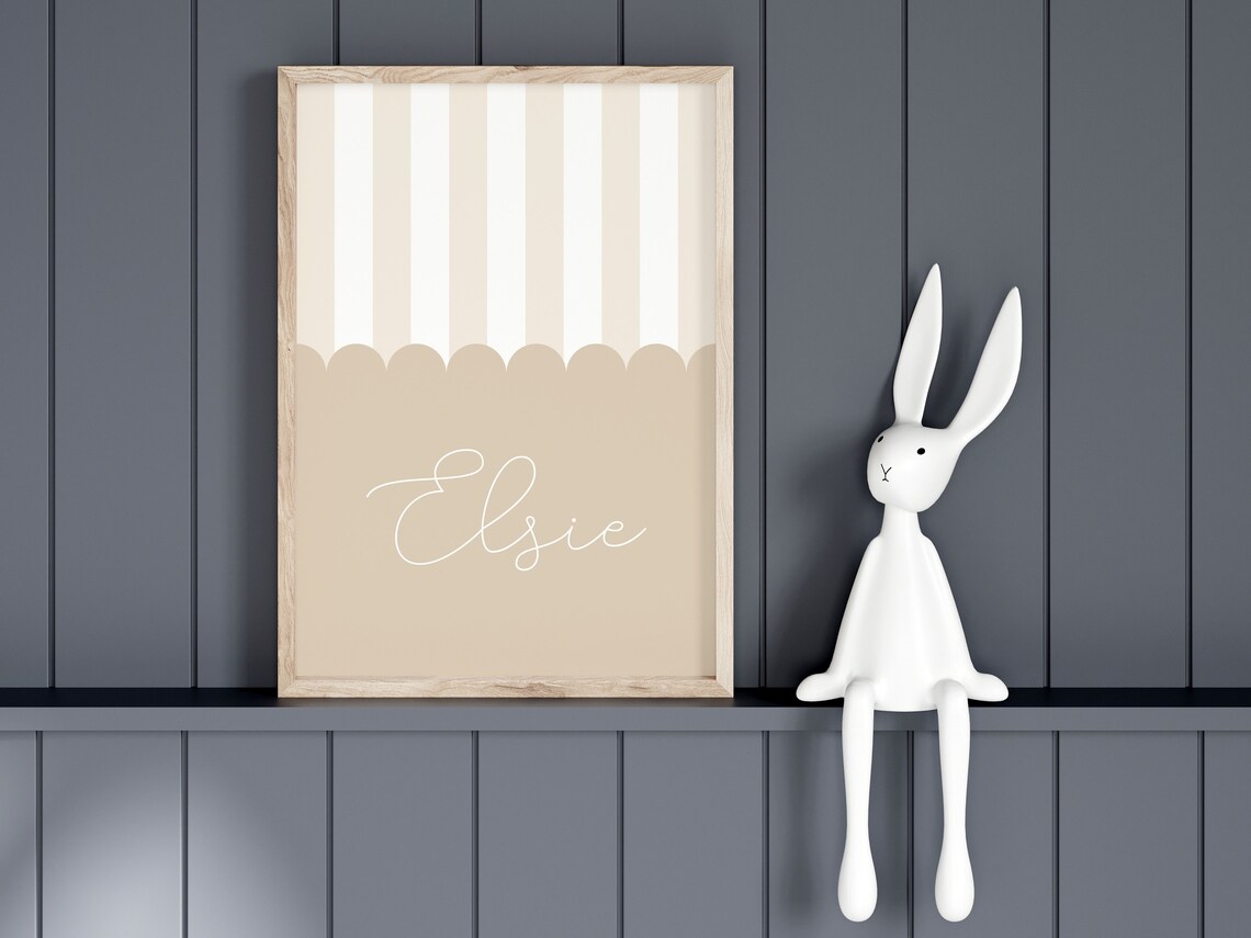 Personalized Name Design Beige Scallop Stripe Custom Baby Nursery Poster - Image 3