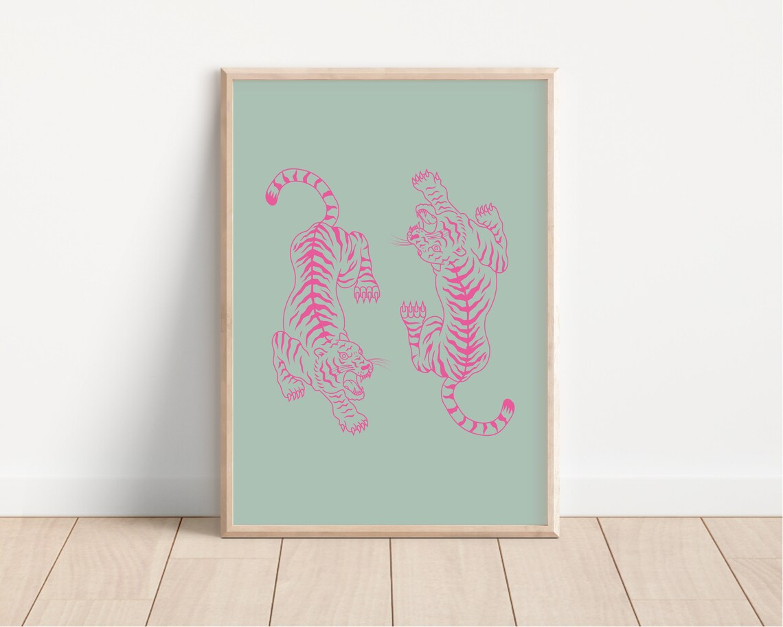 Pink Tigers Illustration Sage Green Background Preppy Dorm Poster - Image 2