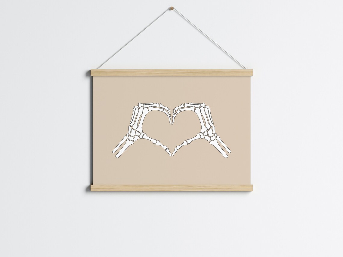 Skeleton Hands Heart White on Tan Beige Minimalist Halloween Poster - Image 3