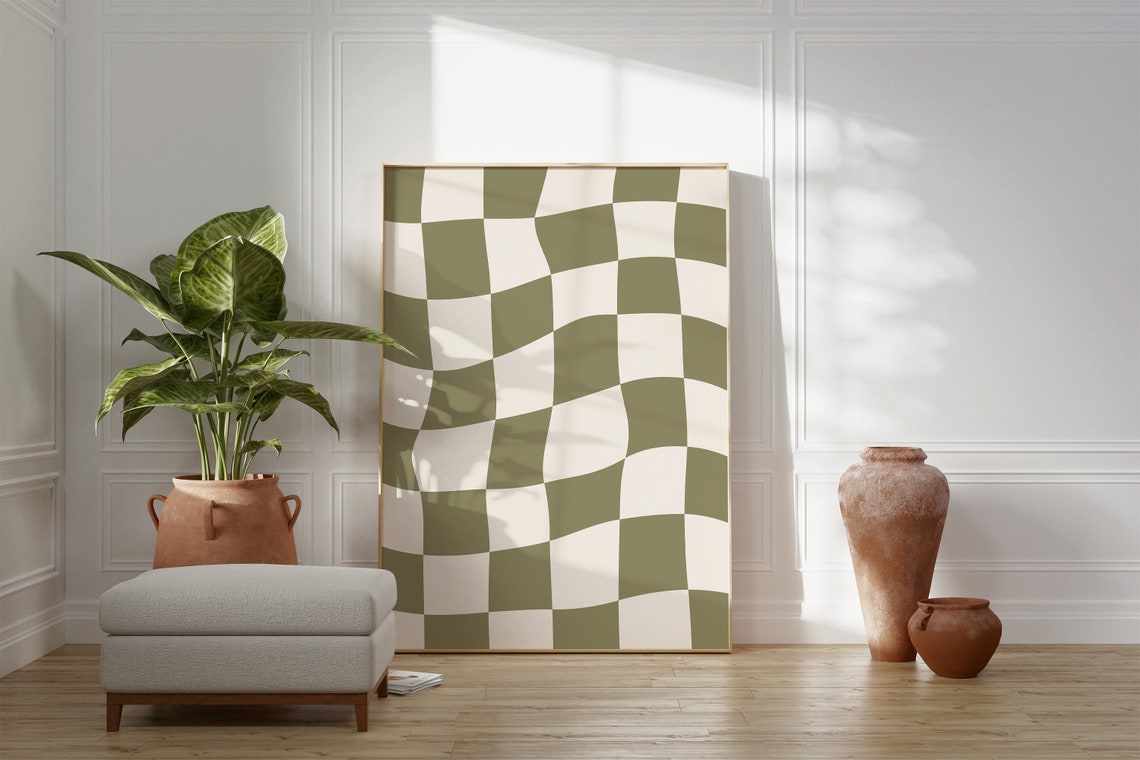 Olive Green Wavy Checkered Retro Checkerboard Art Deco Poster - Image 3
