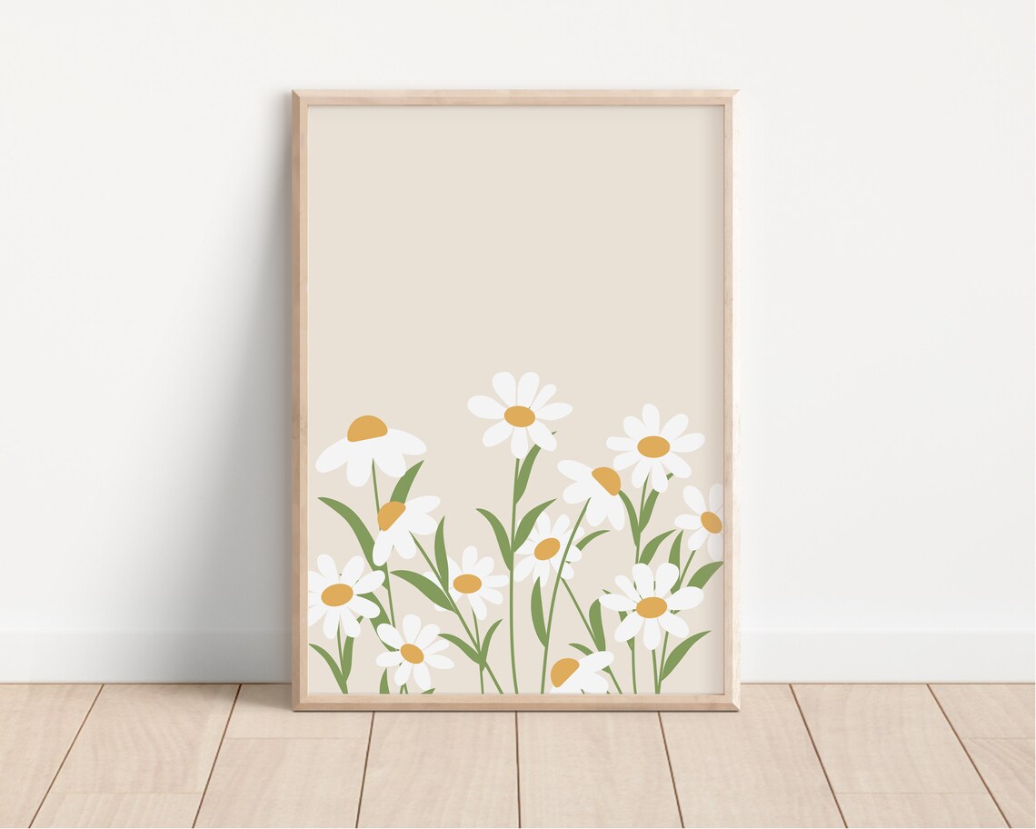 White Daisies Cream Floral Botanical Illustration Spring Art Poster - Image 3