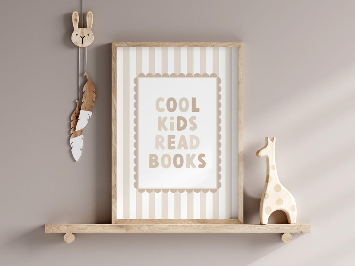 Cool Kids Read Books Striped Tan Nursery Reading Nook Decor Poster