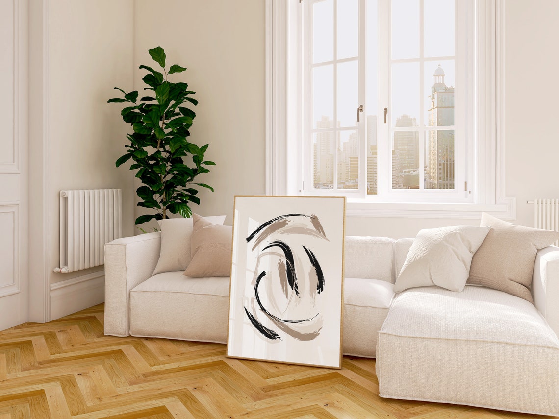 Abstract Brush Stroke Oval Black Gray White Minimalist Modern Print