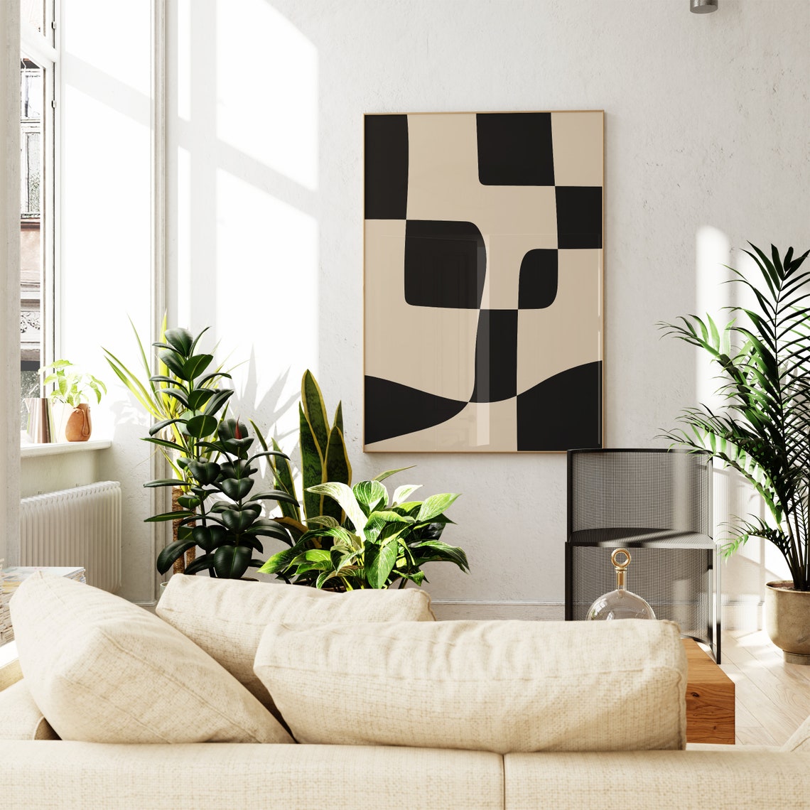 Black And Cream Abstract Wavy Checker Modern Minimalist Poster - Image 2