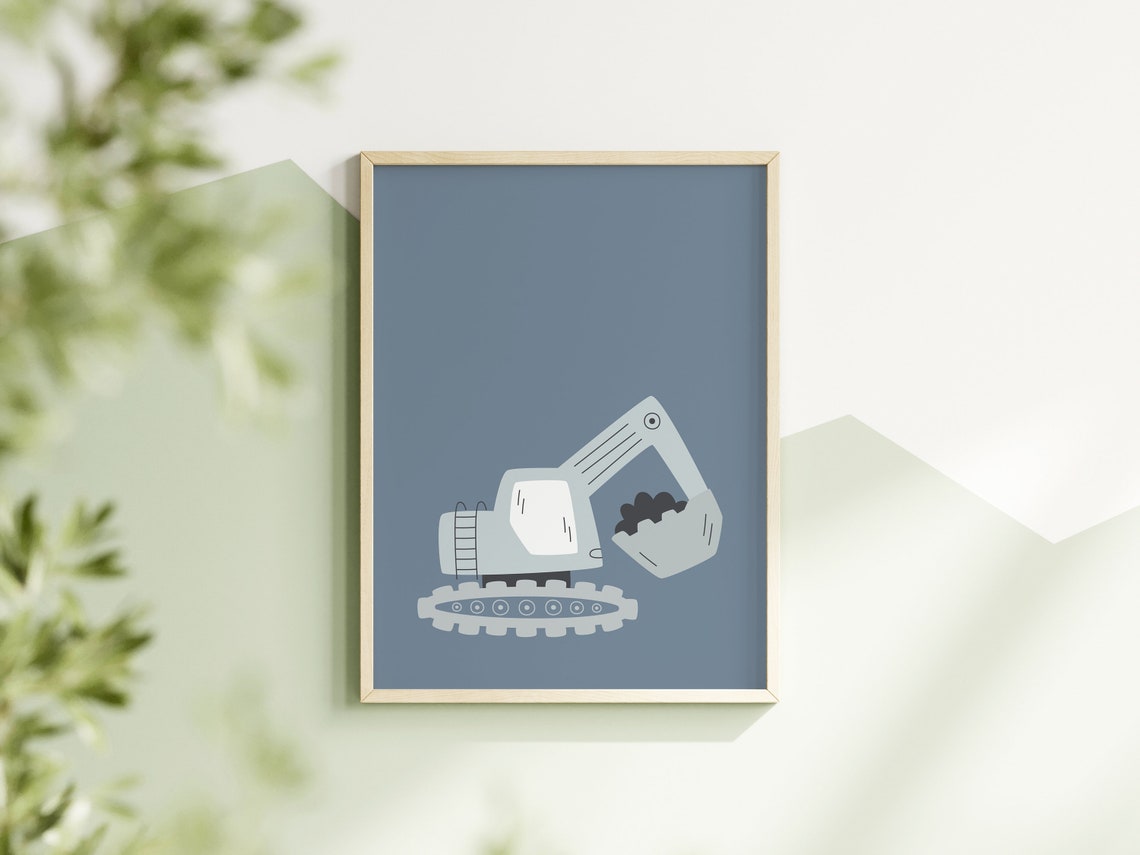 Gray Blue Excavator Nursery Kids Construction Digger Art Poster