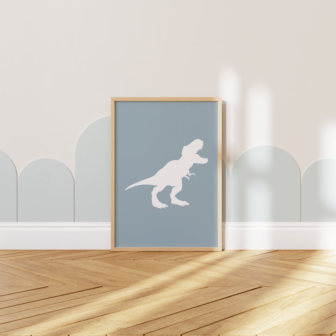 White T Rex Dinosaur Silhouette Blue Boys Nursery Print for Kids