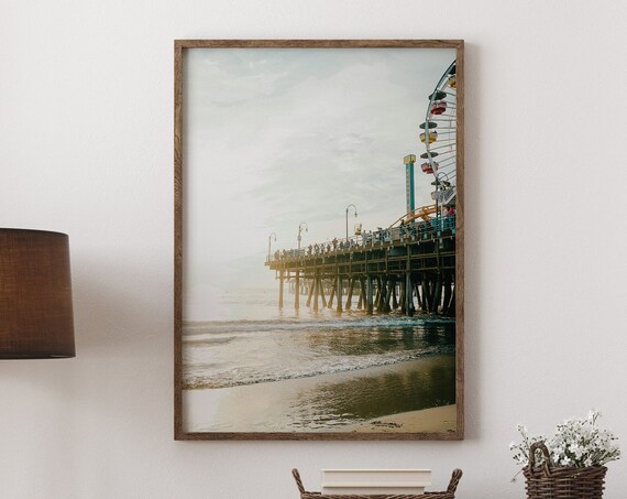 Santa Monica Pier Ferris Wheel Beach Golden Hour Photography Poster