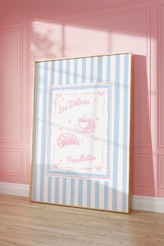 French Bakery Print Croissant Coffee Pastel Kitchen Wall Art