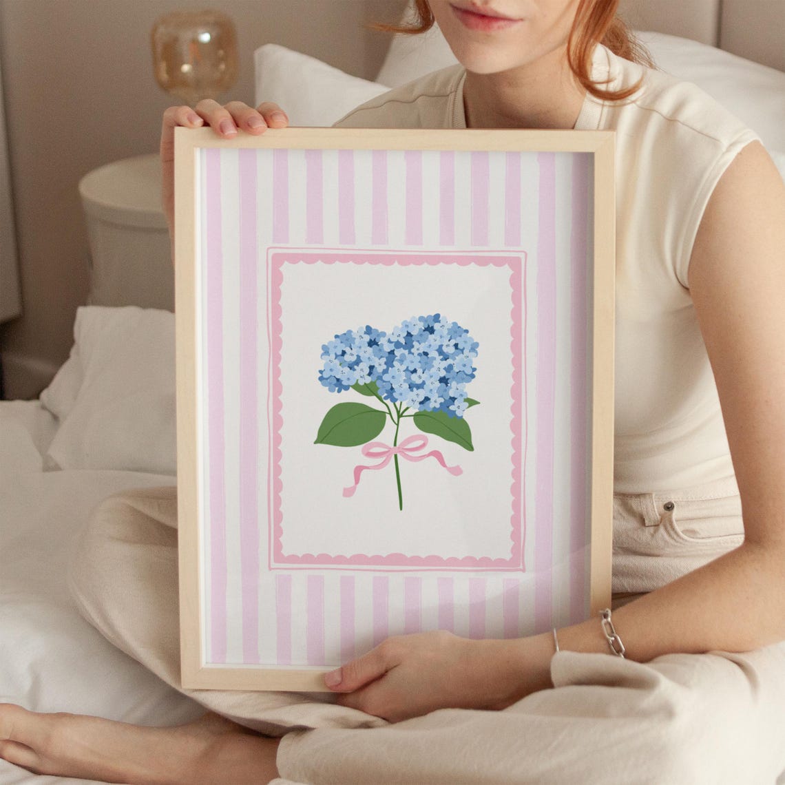 Blue Hydrangea Botanical Flower with Pink Bow Pastel Dorm Decor Poster