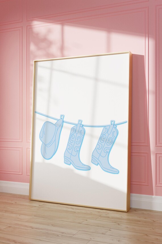 Blue Cowboy Boots And Hat Hanging On A Line Minimalist Western Line Art Poster