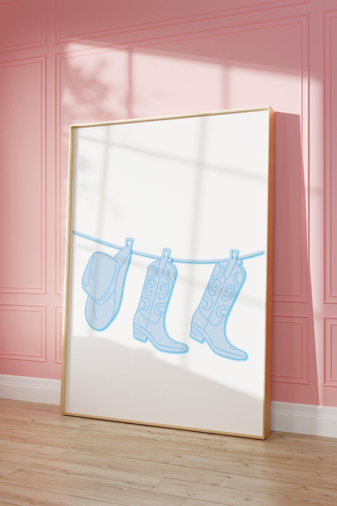 Blue Cowboy Boots And Hat Hanging On A Line Minimalist Western Line Art Poster