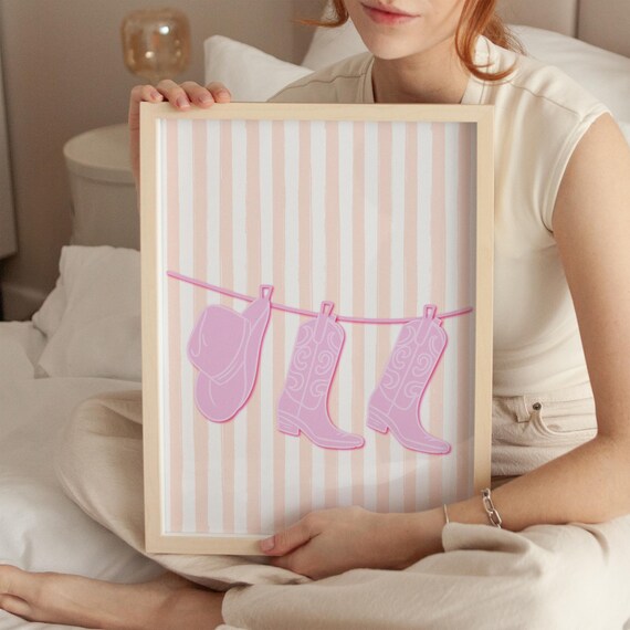 Sweet Pink Cowboy Boots and Hat on Soft Peach Striped Poster