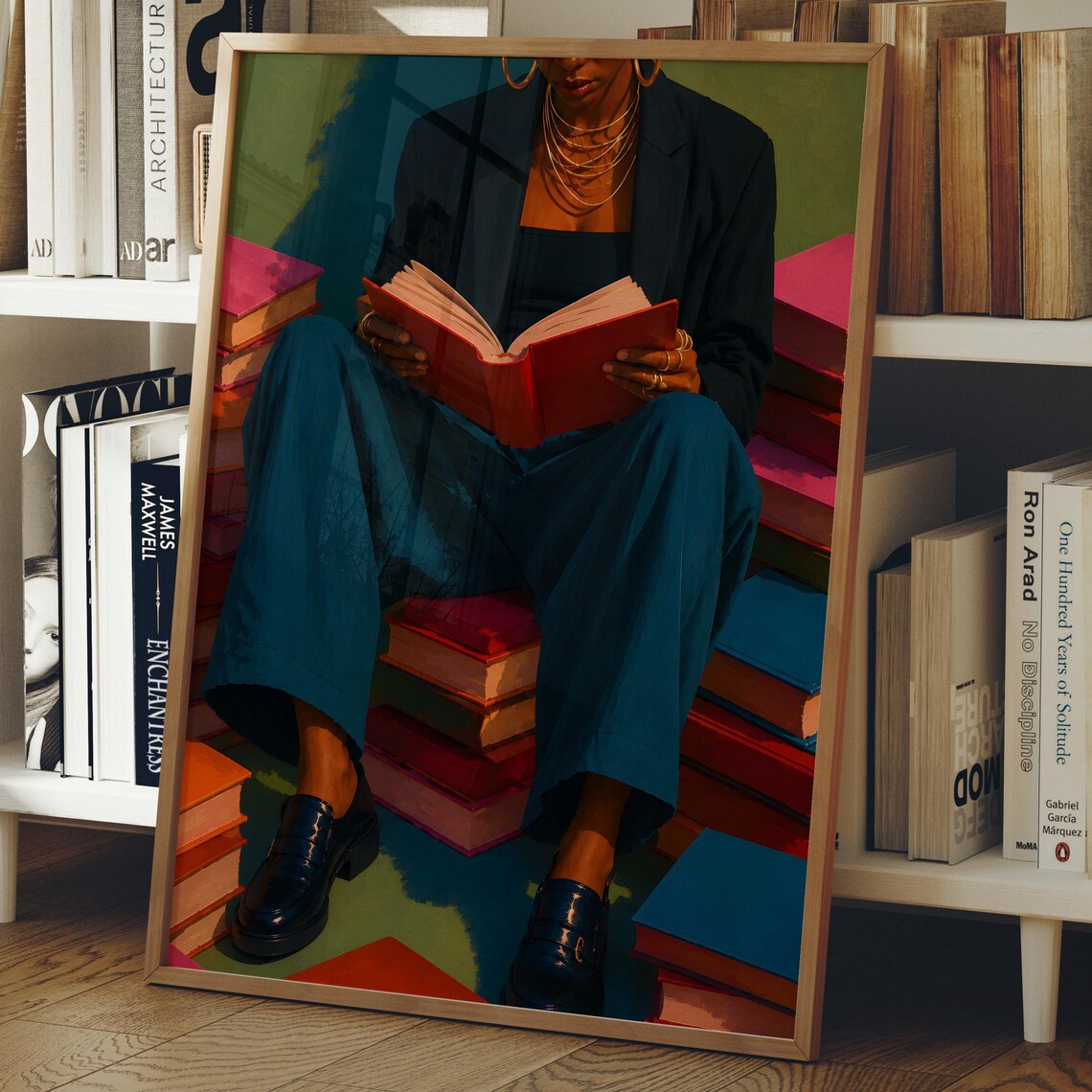 Woman Reading Red Book Among Colorful Stacked Books Maximalist Wall Art