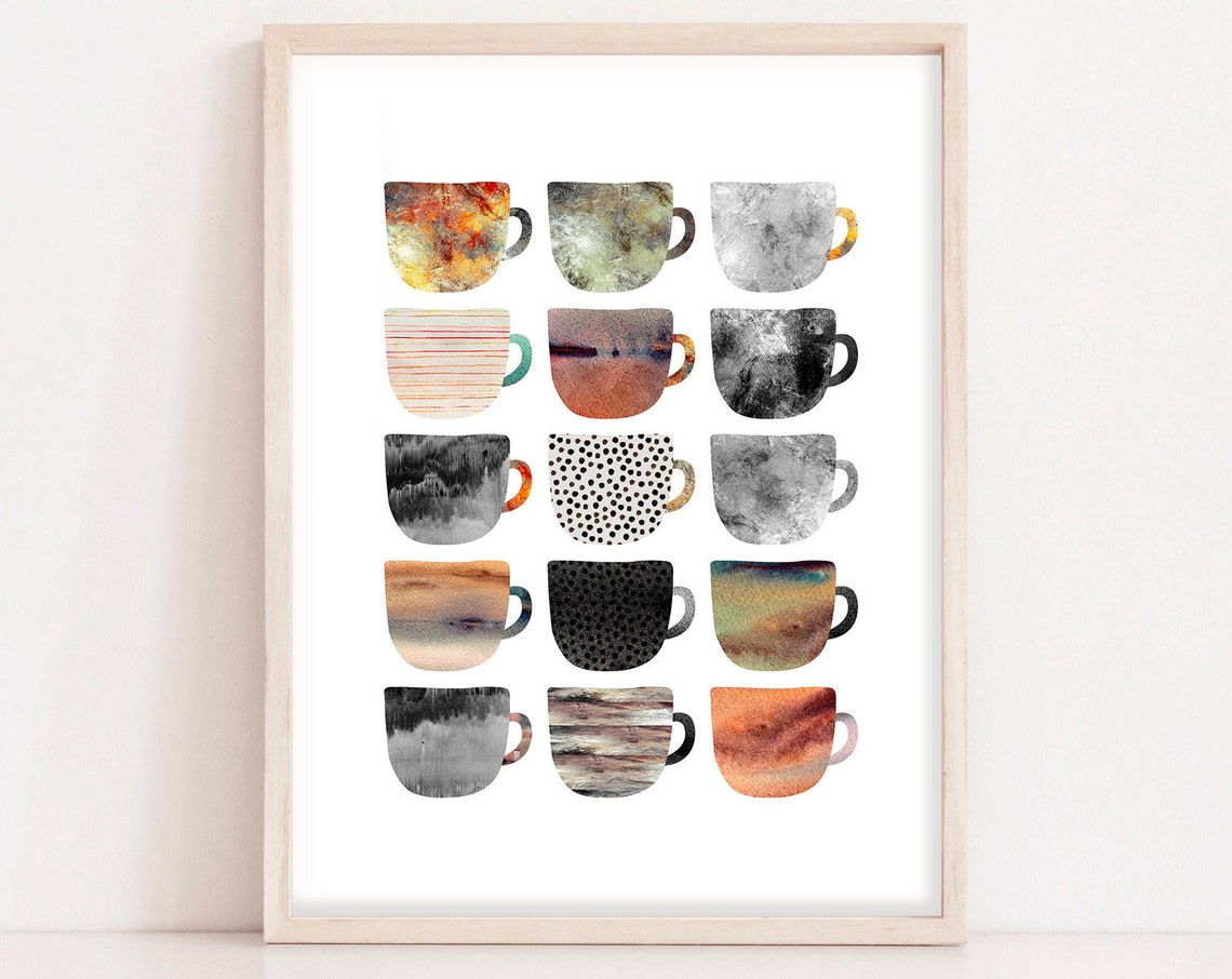 Watercolor Coffee Cups Patterned Grid Cozy Kitchen Decor Poster