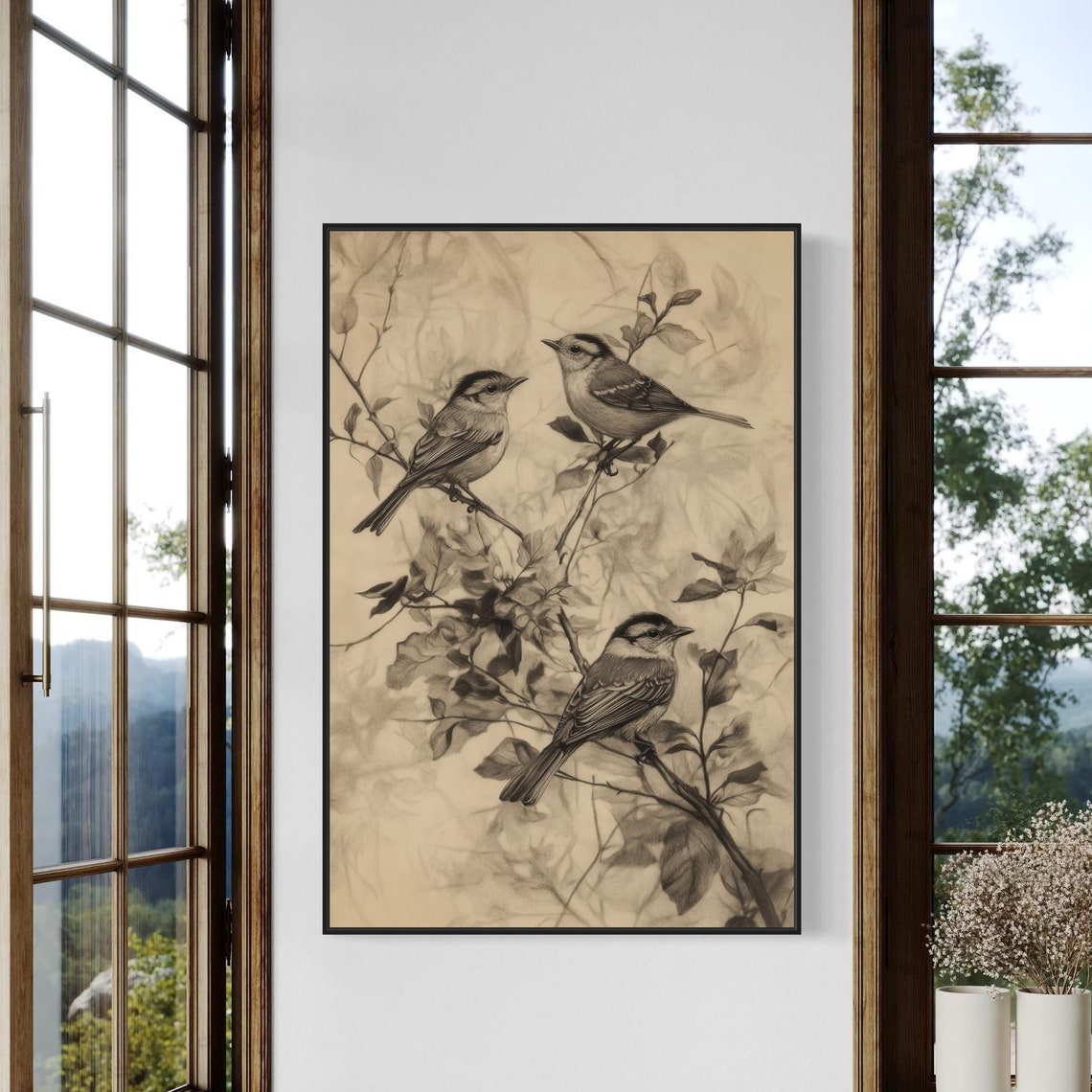 Three Songbirds on Branches Vintage Charcoal Sketch Art Poster