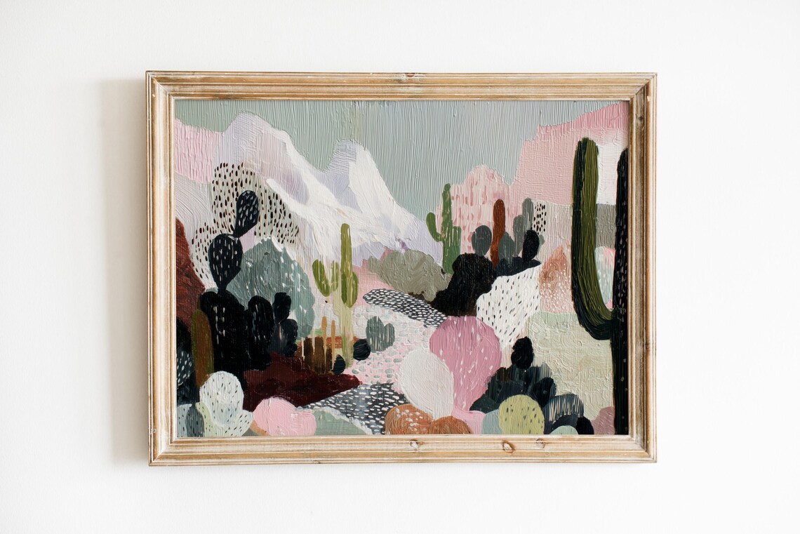 Boho Desert Landscape Art Print, Pink Pastel Cactus