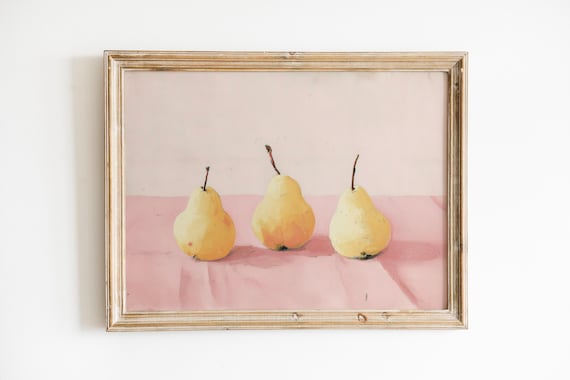 Golden Pears On Pink Vintageinspired Minimalist Fruit Art Print Warm Still Life Kitchen Wall Decor