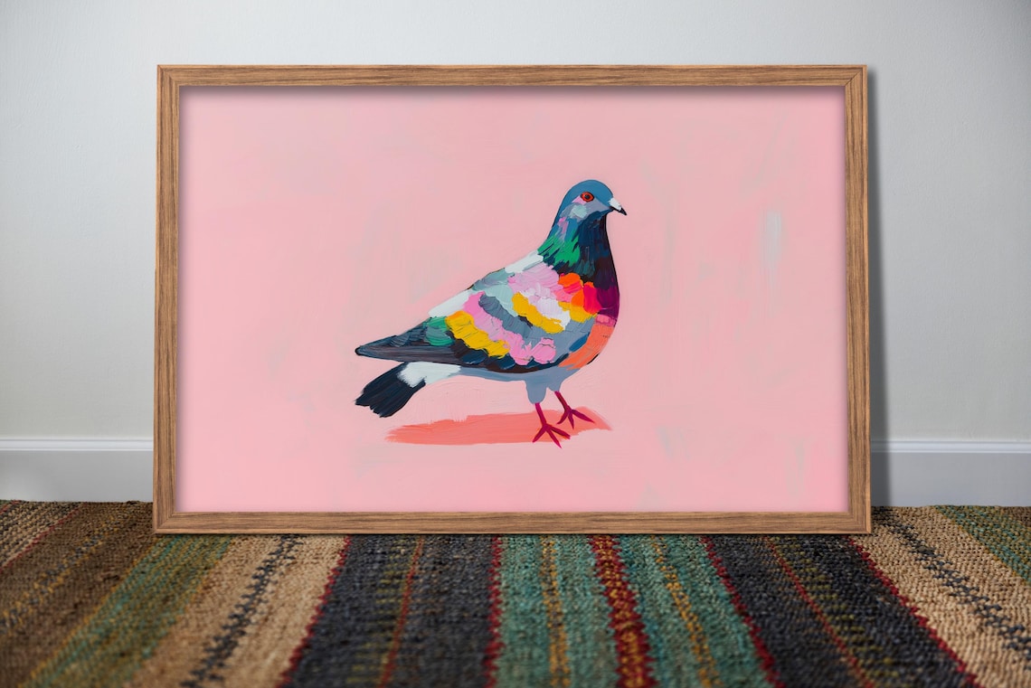Colorful Pigeon Pink Print, Modern Bird Art