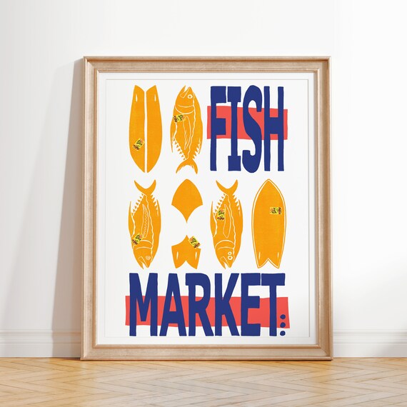 Fish Fish Markets Colorful Fish Surfboard Artwork Coastal Room Decor Modern Beach House Wall Art Fun Art Print
