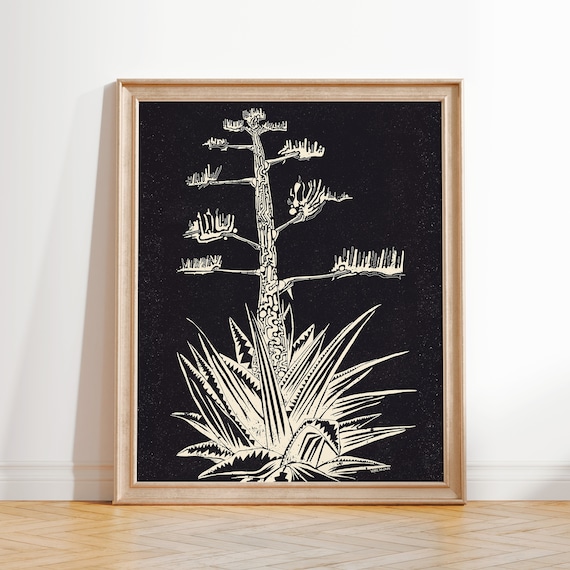 Agave Americana Surf Art Print Minimalist Illustration Coastal Desert Inspired Western Decor Black White Southwestern Design