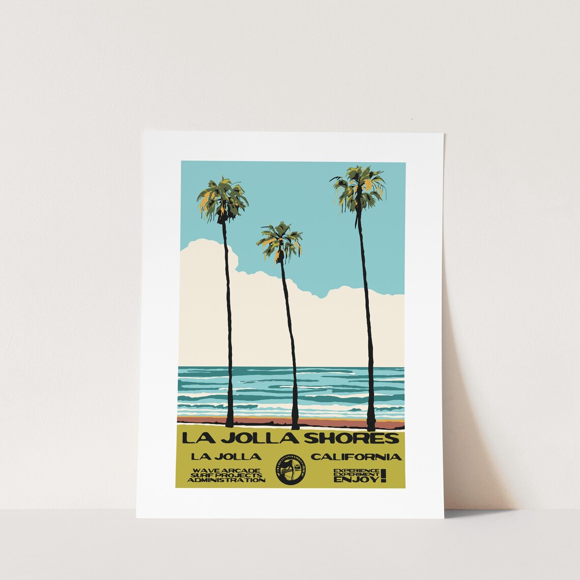 La Jolla Shores California Three Palms Beach Surf Poster Vintage Style
