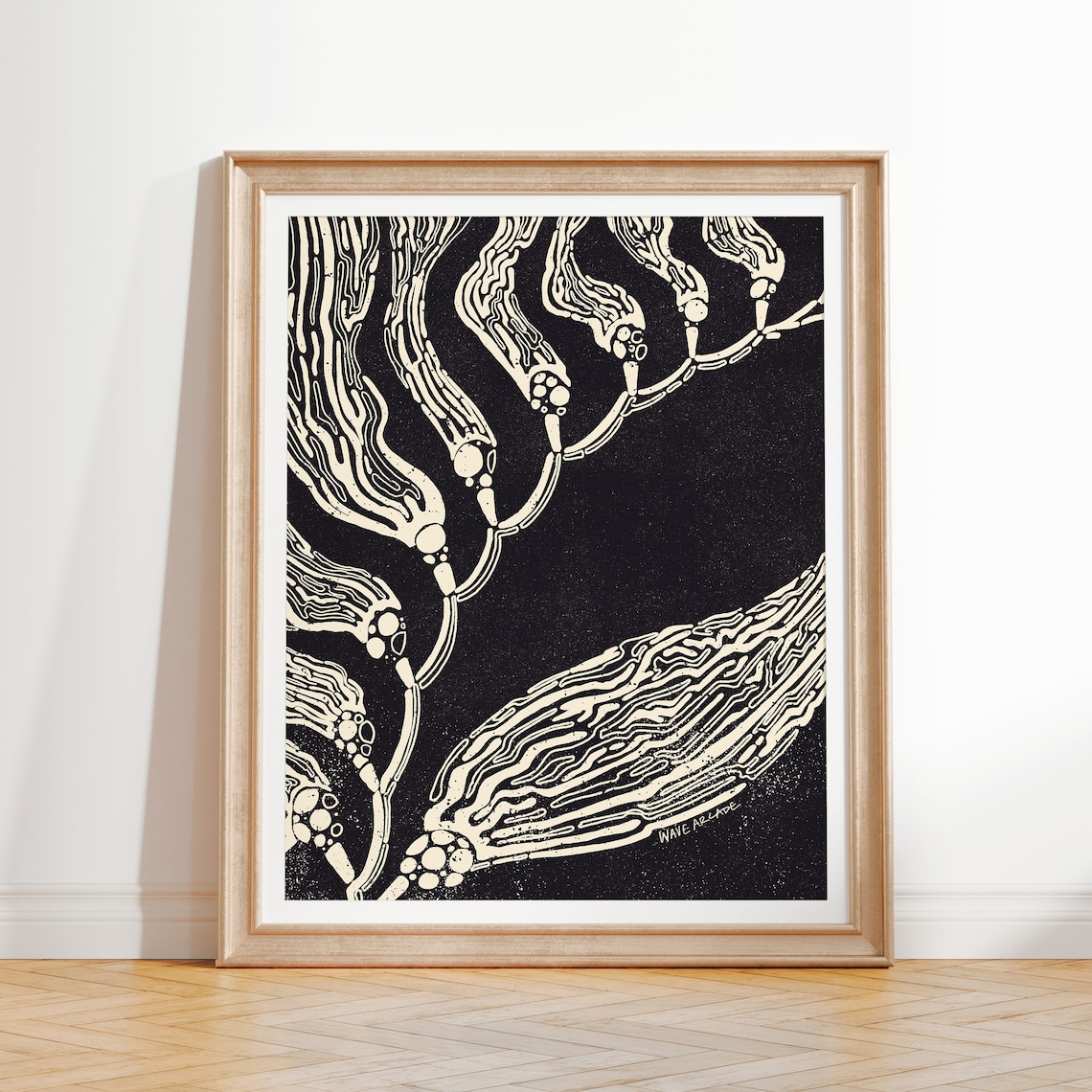 Giant Kelp Minimalist Black White Seaweed Coastal Linocut Art Poster