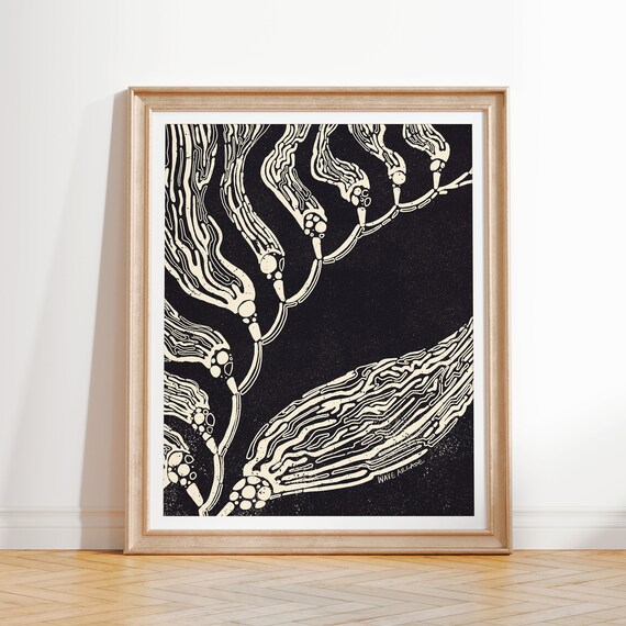 Giant Kelp Surf Art Print Minimalist Illustration Coastal Room Decor Modern Beach House Wall Art Boho Style Black White