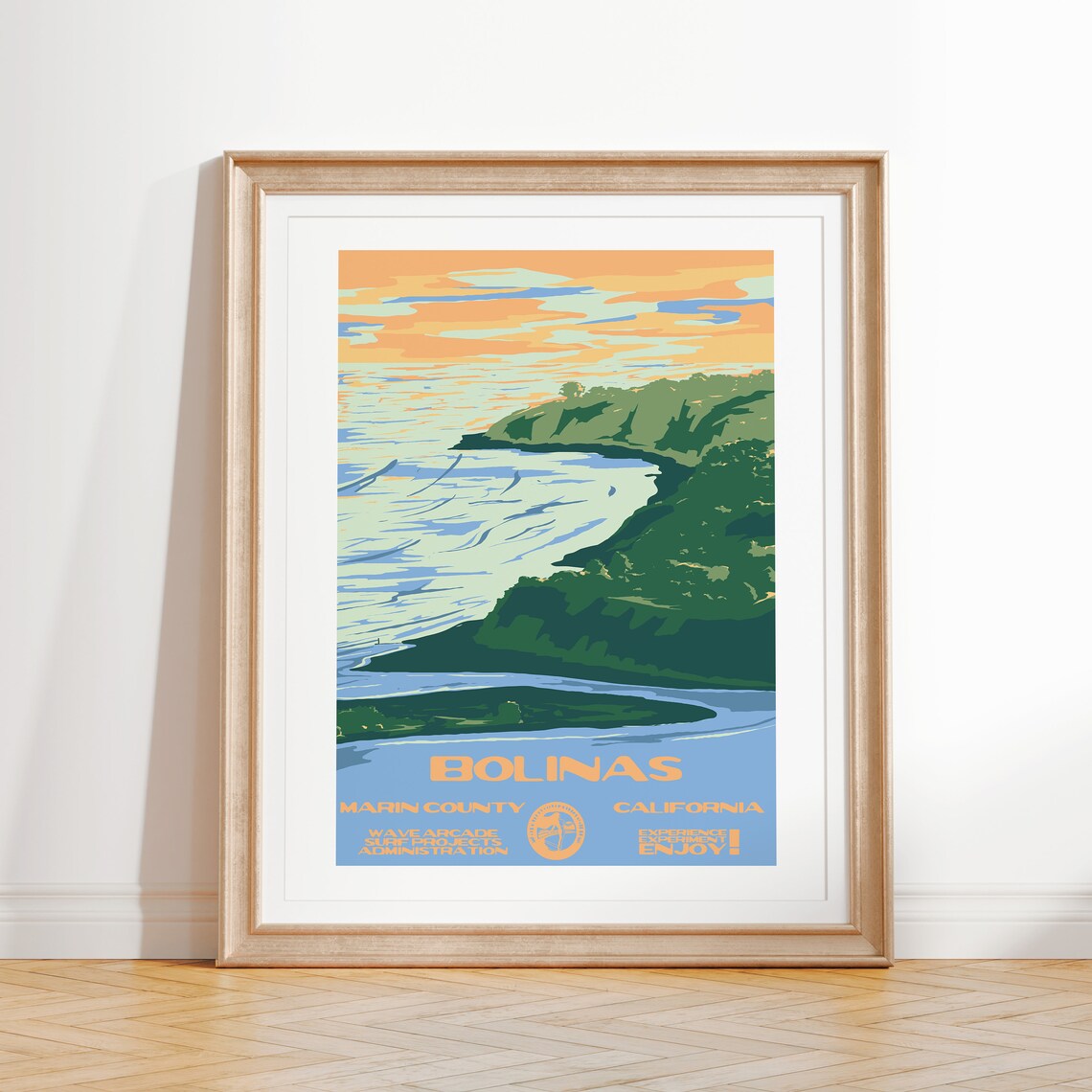 Bolinas Vintage Surf Poster, Marin County Coastal Decor
