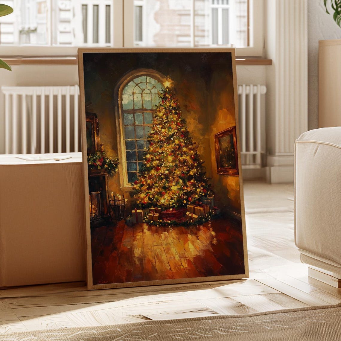 Glowing Christmas Tree By The Fireplace Cozy Holiday Living Room Scene With Lights Gifts Garland In Oil Painting Style Print - Image 5