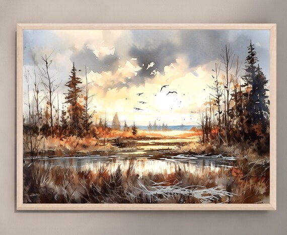 Autumn Wetland Sunset Watercolor Painting Marsh Birds Gold Print