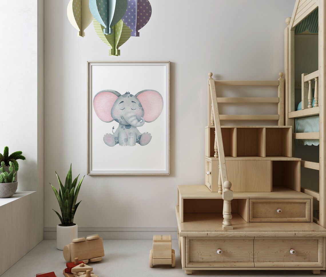 Watercolor Baby Elephant Sitting Nursery Wall Art Cute Safari Animal Poster - Image 2