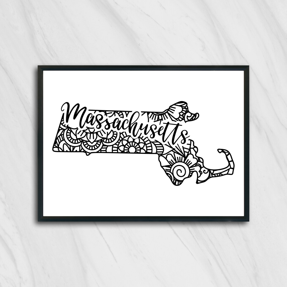 Massachusetts Mandala State Outline Minimalist Black White Line Art Home Decor Poster
