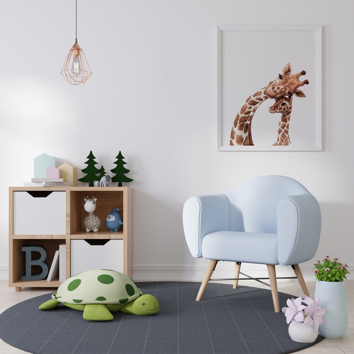 Watercolor Giraffe Mom And Baby Nuzzling Nursery Wall Art Safari Animal Poster - Image 3