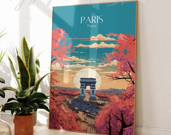 Paris Arc de Triomphe Pink Cherry Blossom Vintage Travel Poster