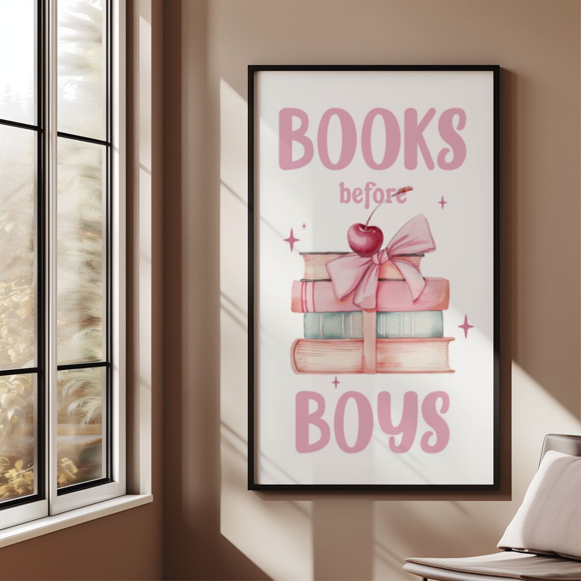 Books Before Boys Coquette Stack Of Books Poster Pink Cherry Bow Art - Image 2