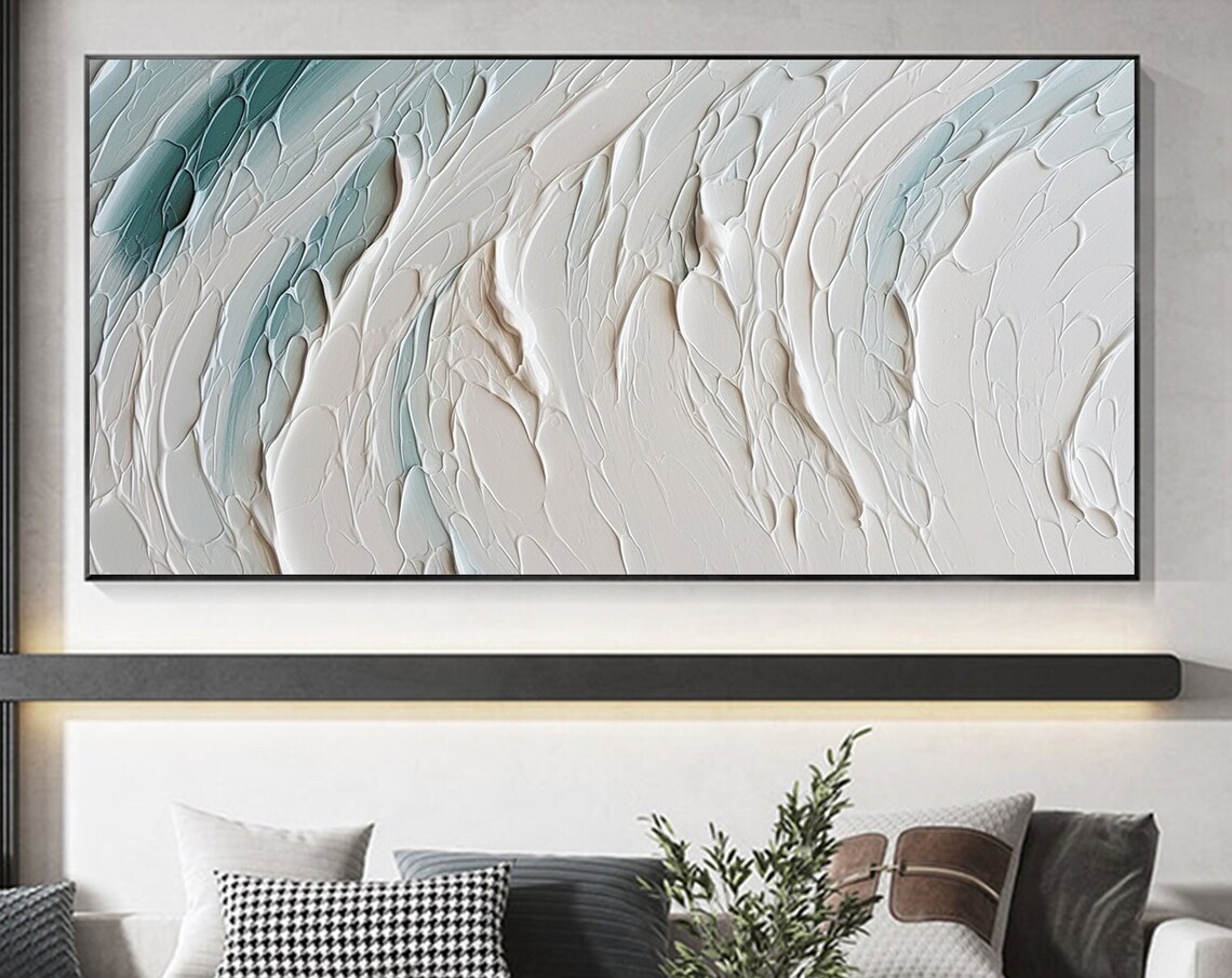 White Teal Ocean Wave Textured Minimalist Abstract Painting Poster