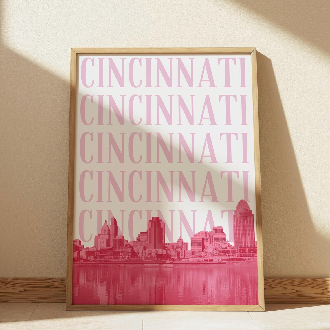 Cincinnati Travel Poster, Pink Skyline Preppy Decor