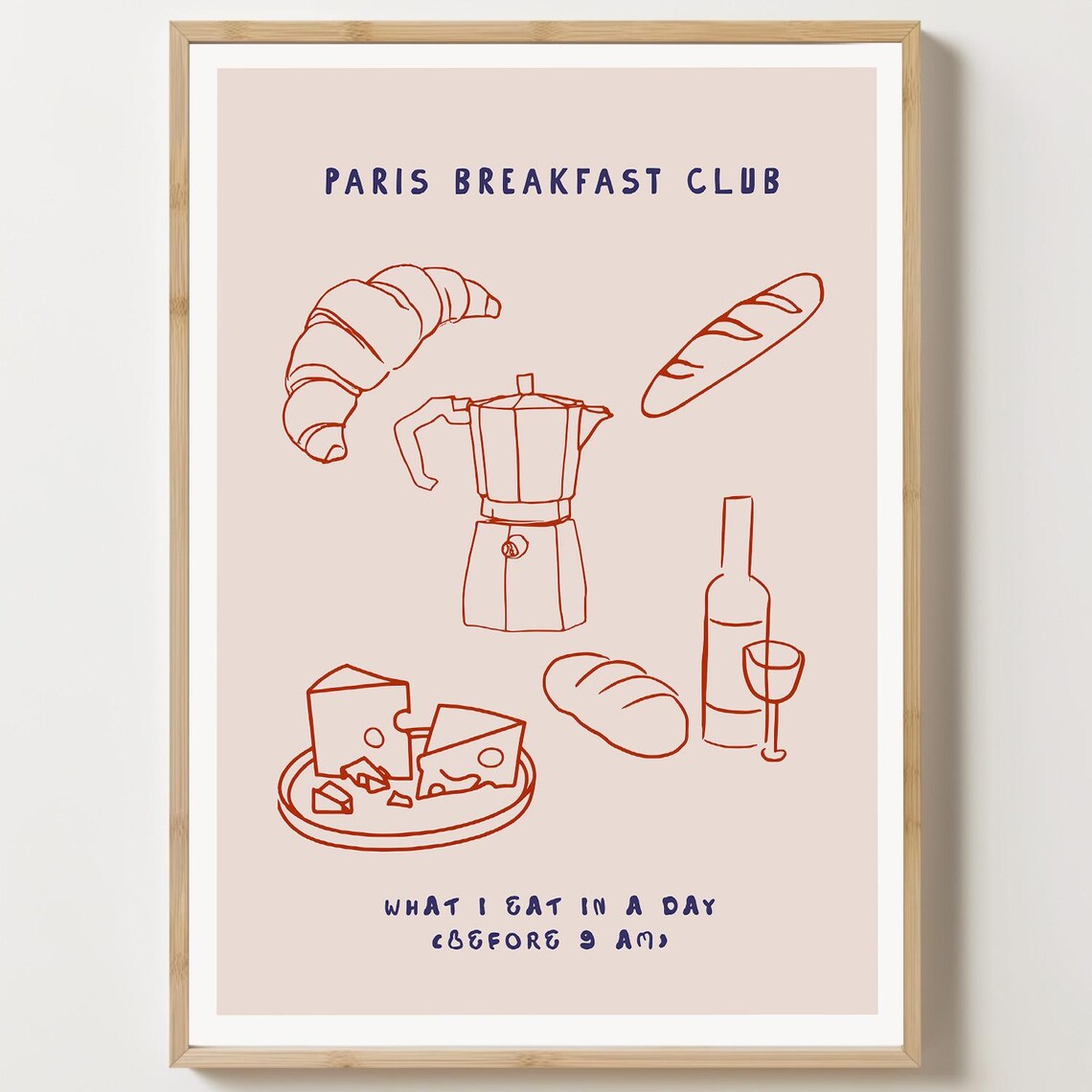 Paris Breakfast Club Croissant Coffee Red Line Art French Kitchen Poster