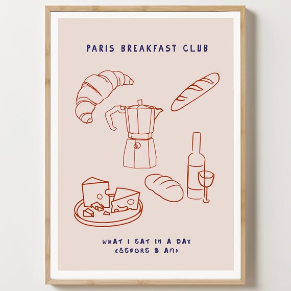 Paris Breakfast Club Art Poster Coffee And Croissants Print French Cafe Modern Kitchen Bistro Wall Decor