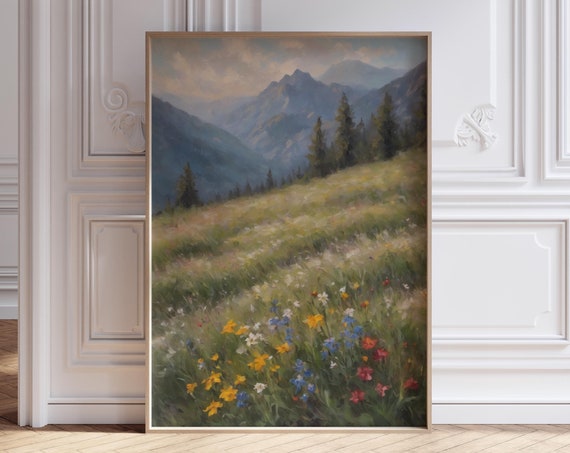 Moody Mountain Landscape Wildflower Field Oil Painting Vintage Art Prints Cottagecore Decor Wildflower Print