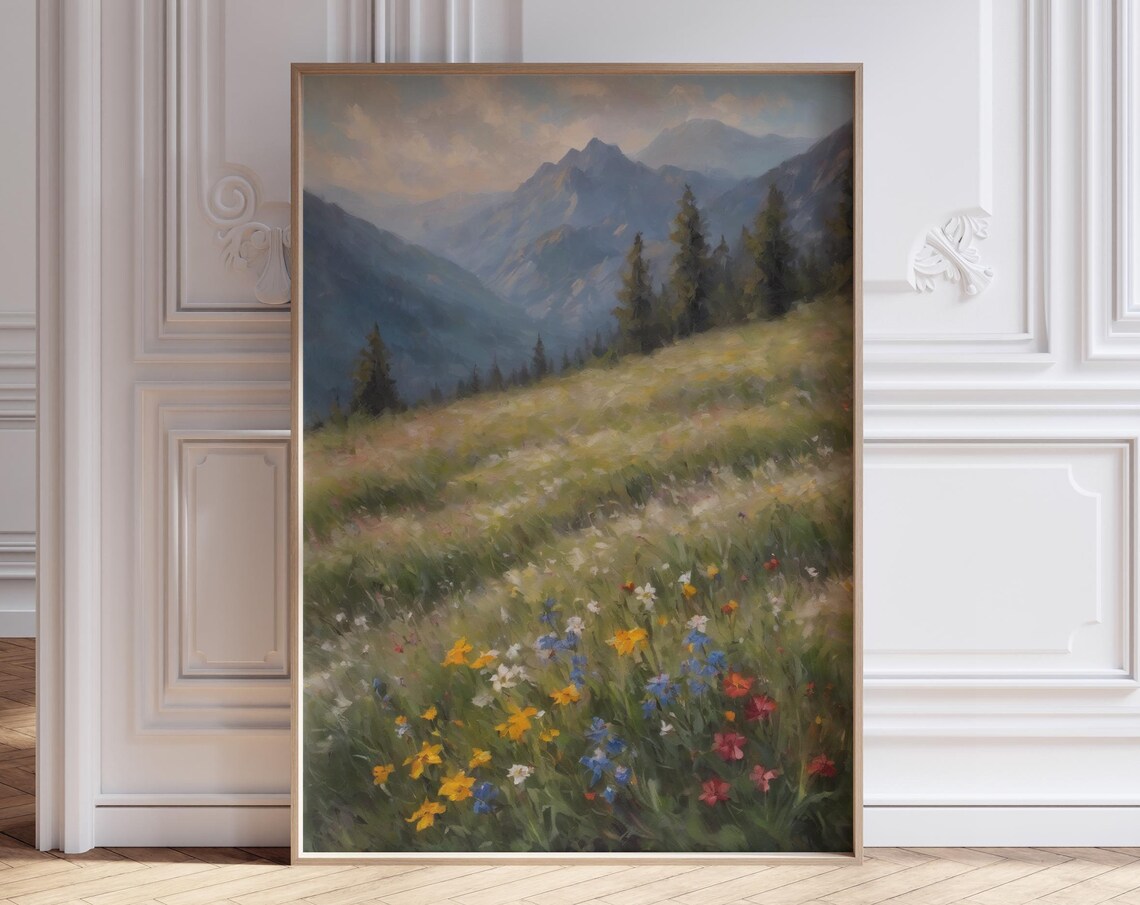 Moody Misty Mountain Meadow Colorful Wildflowers Alpine Poster