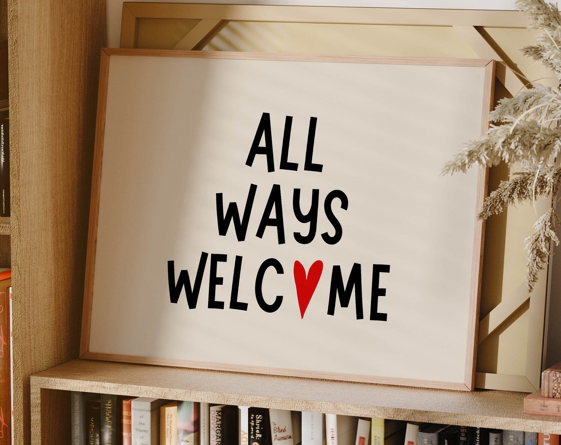All Ways Welcome Bold Black Type Red Heart Accent Kitchen Poster