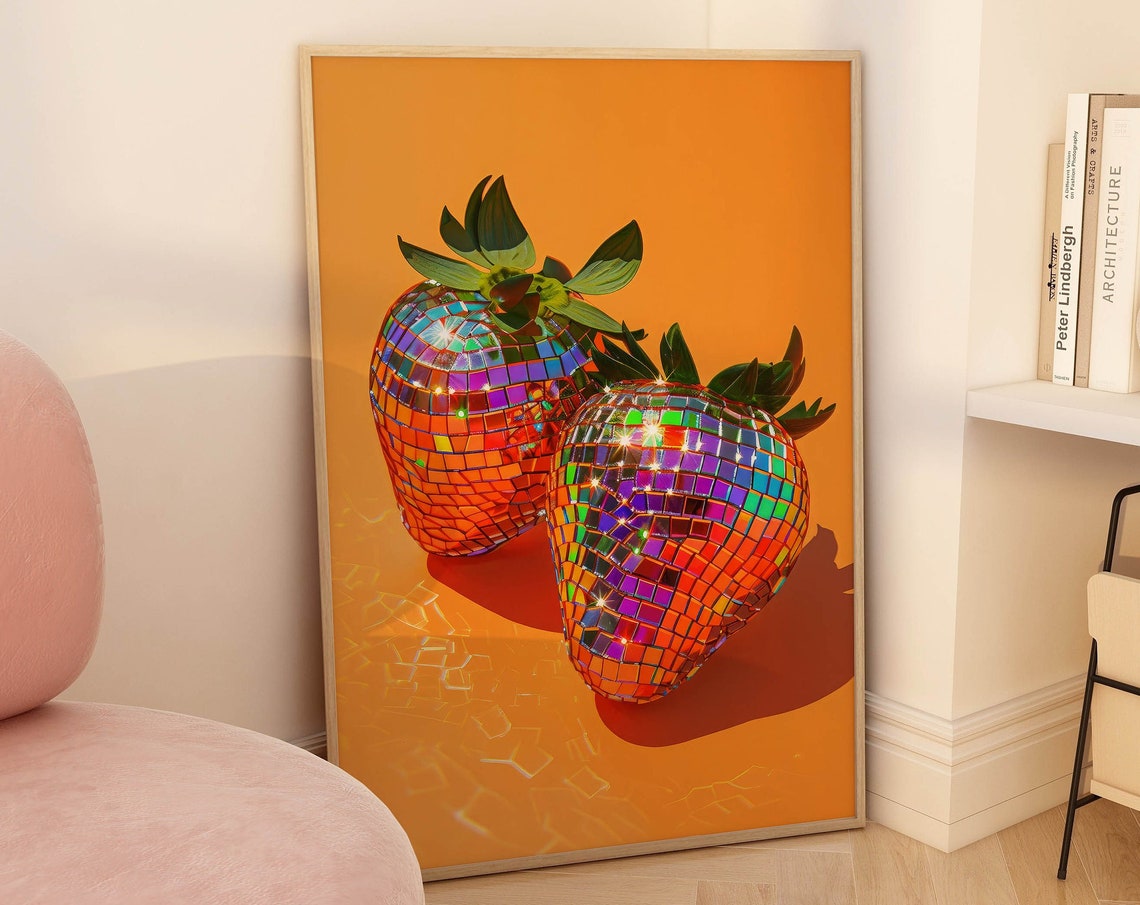Disco Ball Strawberries Sparkling Orange Retro Funky Fruit Poster
