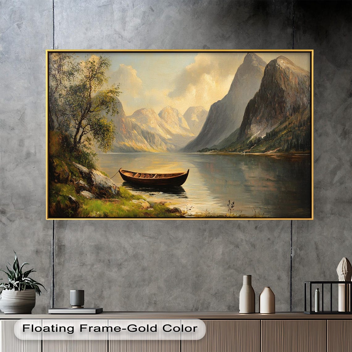 Golden Lake Boat Landscape, Rustic Mountain Scene - Image 5