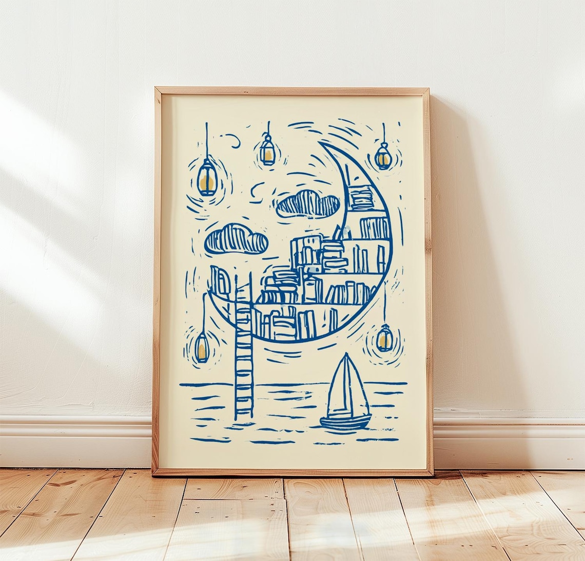 Coastal Library, Whimsical Moonscape Art Print