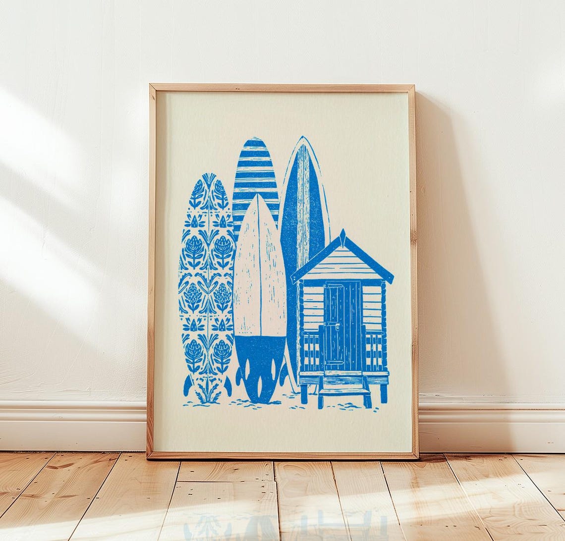 Blue Linocut Surfboards Beach Hut Coastal Surf House Decor Poster