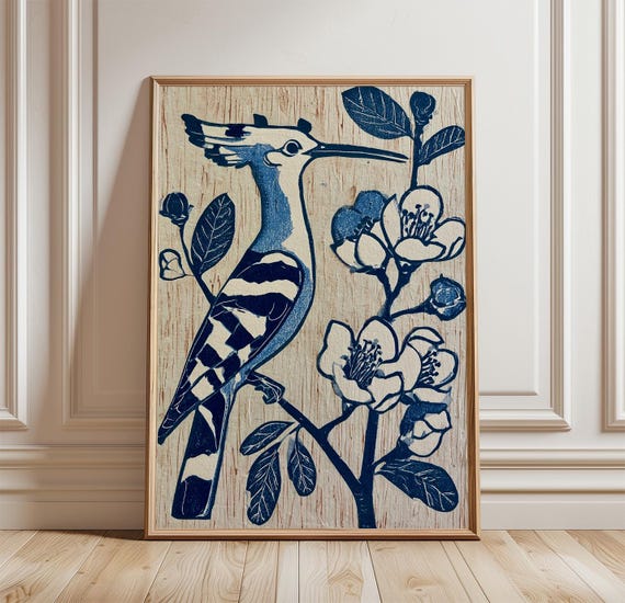 Hoopoe Bird Botanical Woodblock Art Print
